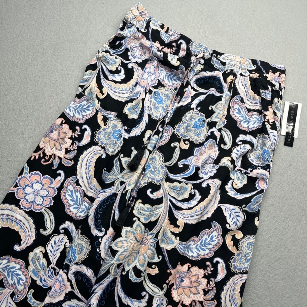 Preswick & Moore Paisley Wide Leg Crop Pants Black Multi Size L Boho NEW